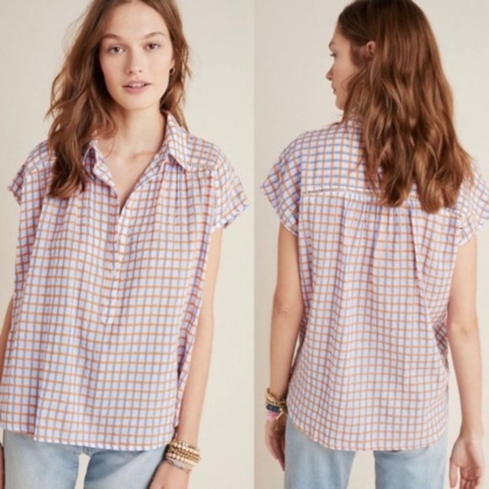 Anthro Pilcro Serena Surf Henley in Orange & Blue Plaid - size Medium